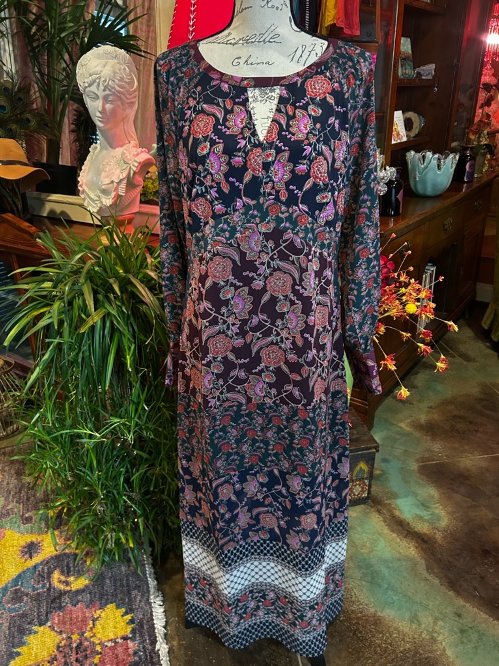 NWT Cabi Bohemian Floral Maxi Dress Long Sleeve Navy Pink White Purple Size M